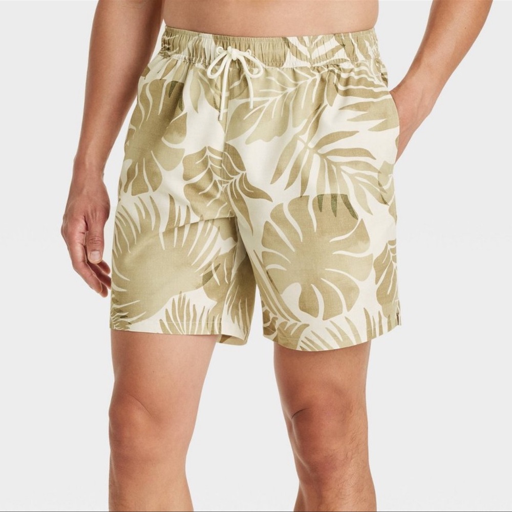 Men's 7” Tropical Leaf Swim Trunks - Picture 1 of 5